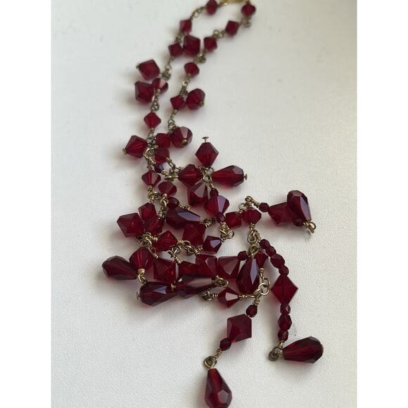 Vintage Red Crystal Faceted Beads Necklace Dangle Cha Cha Choker 18” - Picture 3 of 4